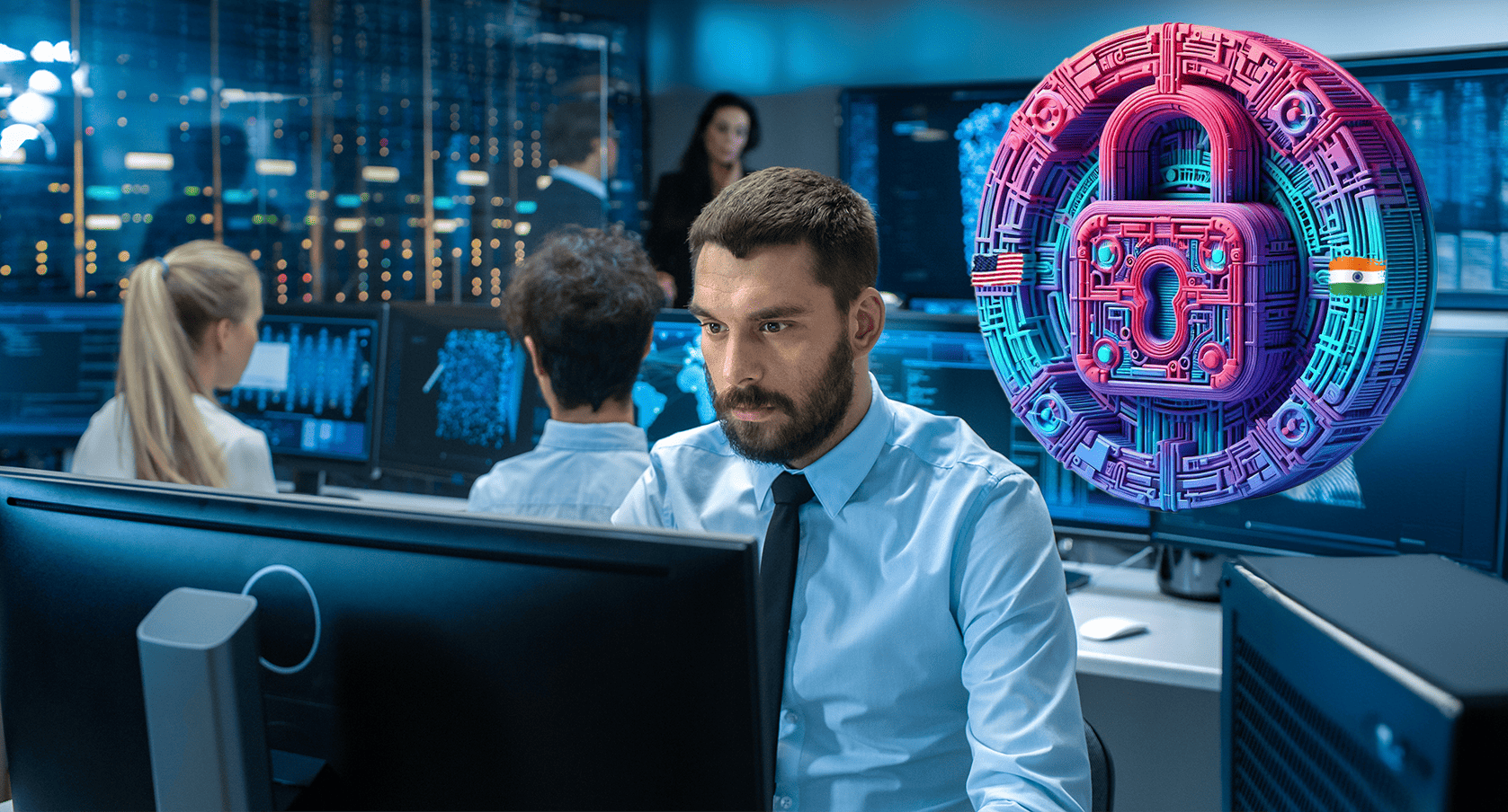 Security operations team monitoring systems